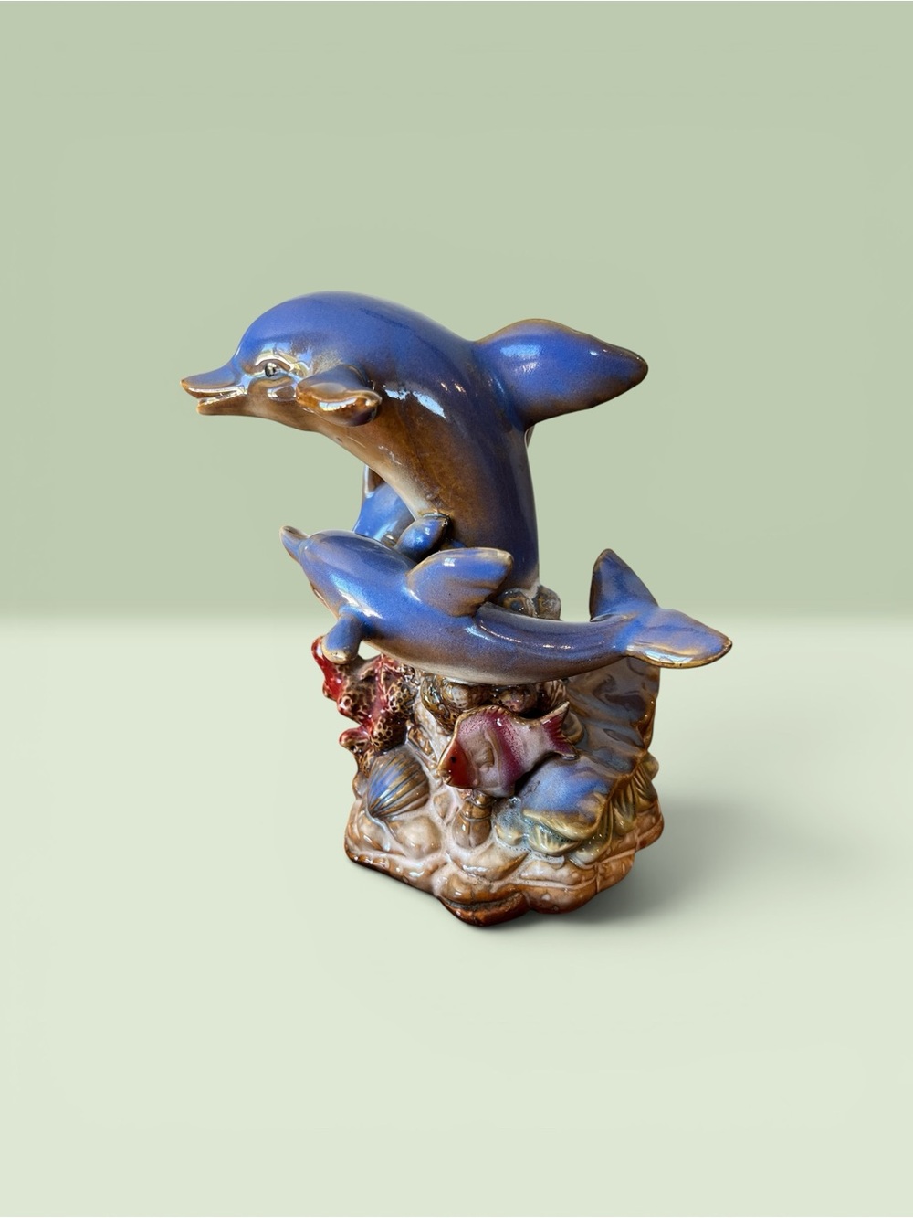 Blue Ceramic Dolphin Pair Sculpture - Coastal Home Accent